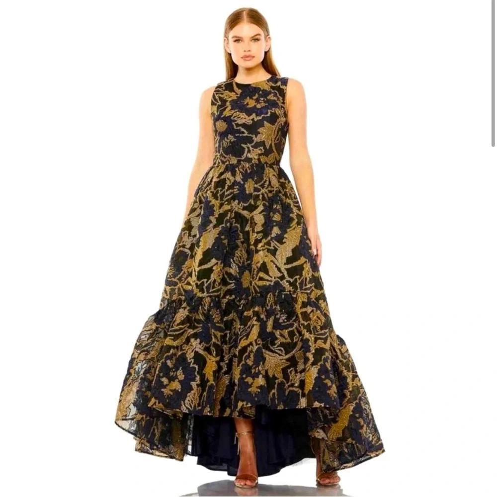 NEW NWT Mac Duggal Cocktail Dress Gown Blue Gold Brocade Size 10 Ruffle - Picture 1 of 15